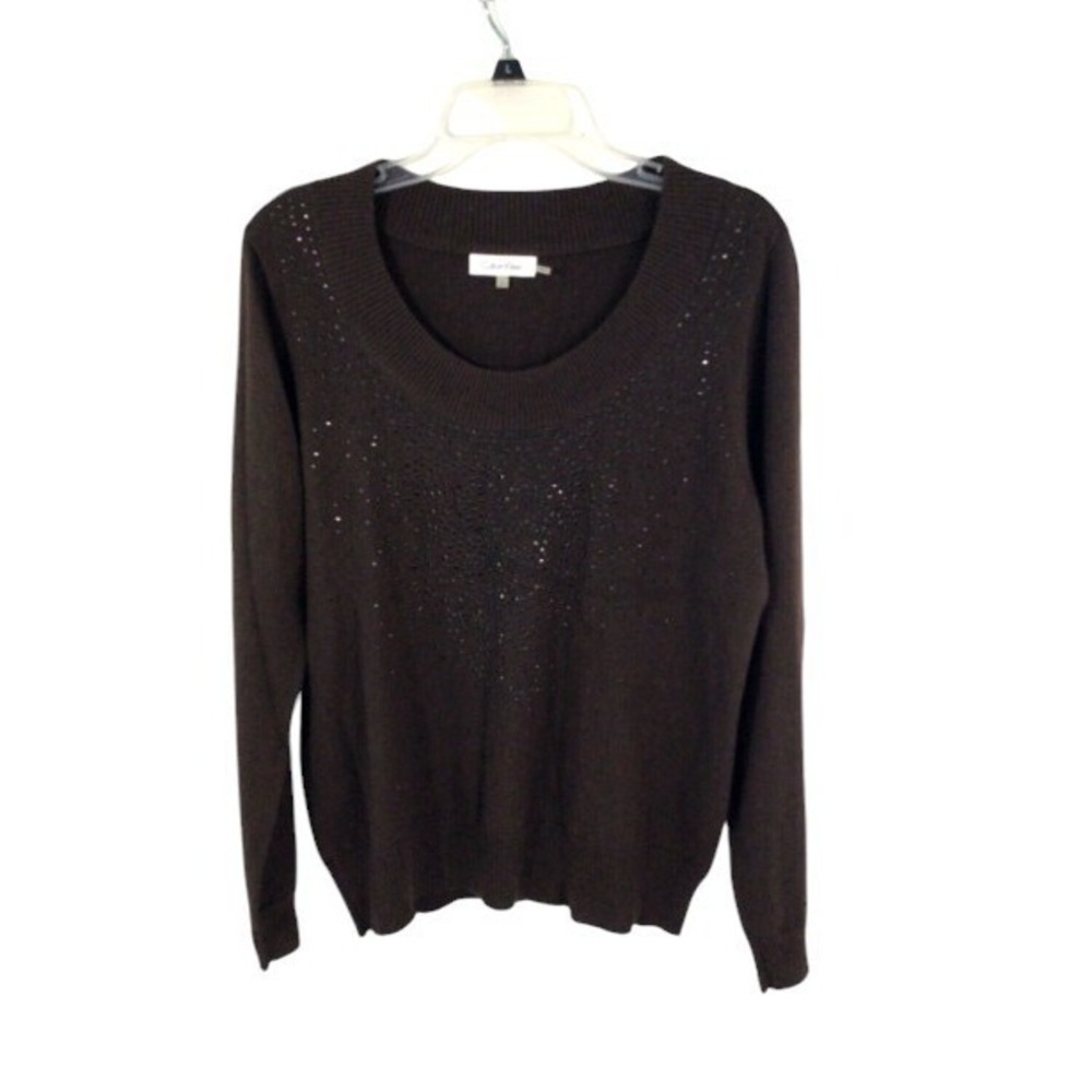 Calvin Klein Women's Wool Blend Brown Beaded Pullover Sweater‎ Sz L Sparkly